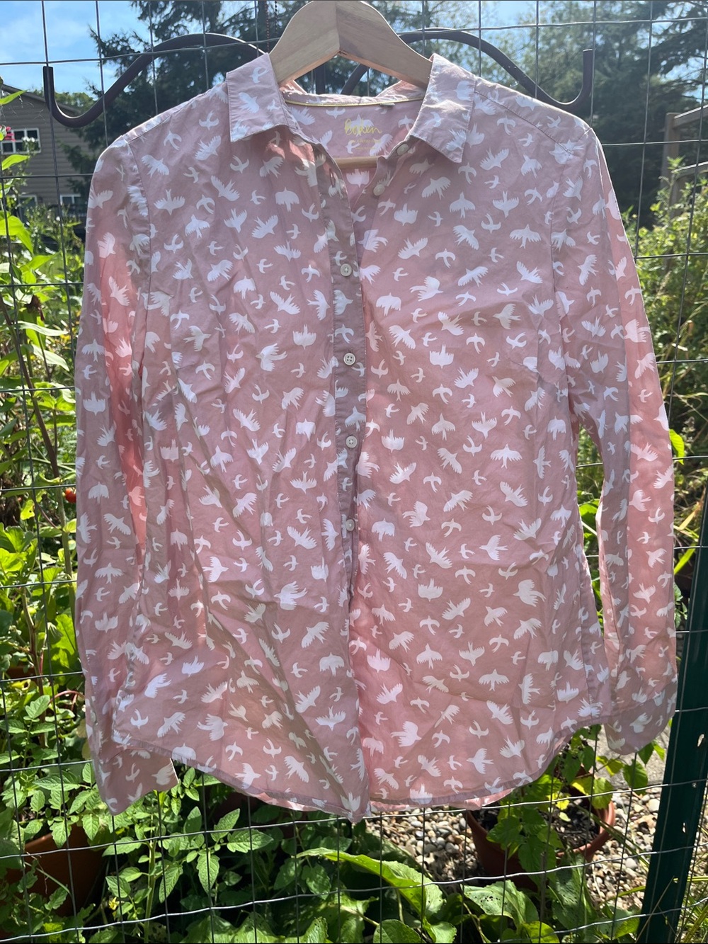 Boden Pink Button-Down Shirt with White Bird Print